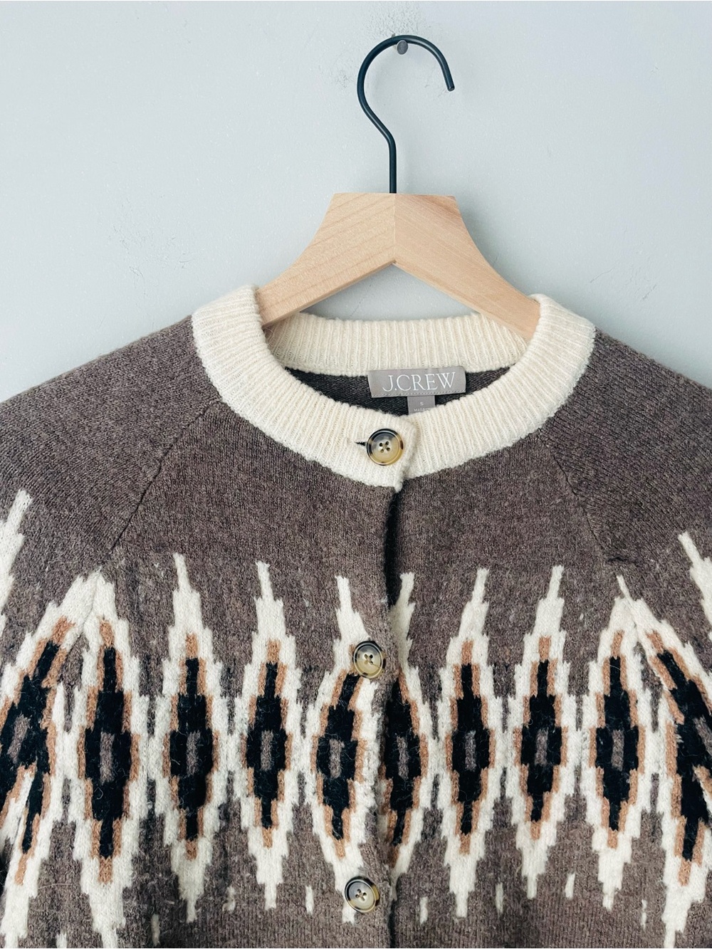 J. Crew Brown & Cream Fair Isle Knit Cardigan Sweater RARE - Picture 2 of 8